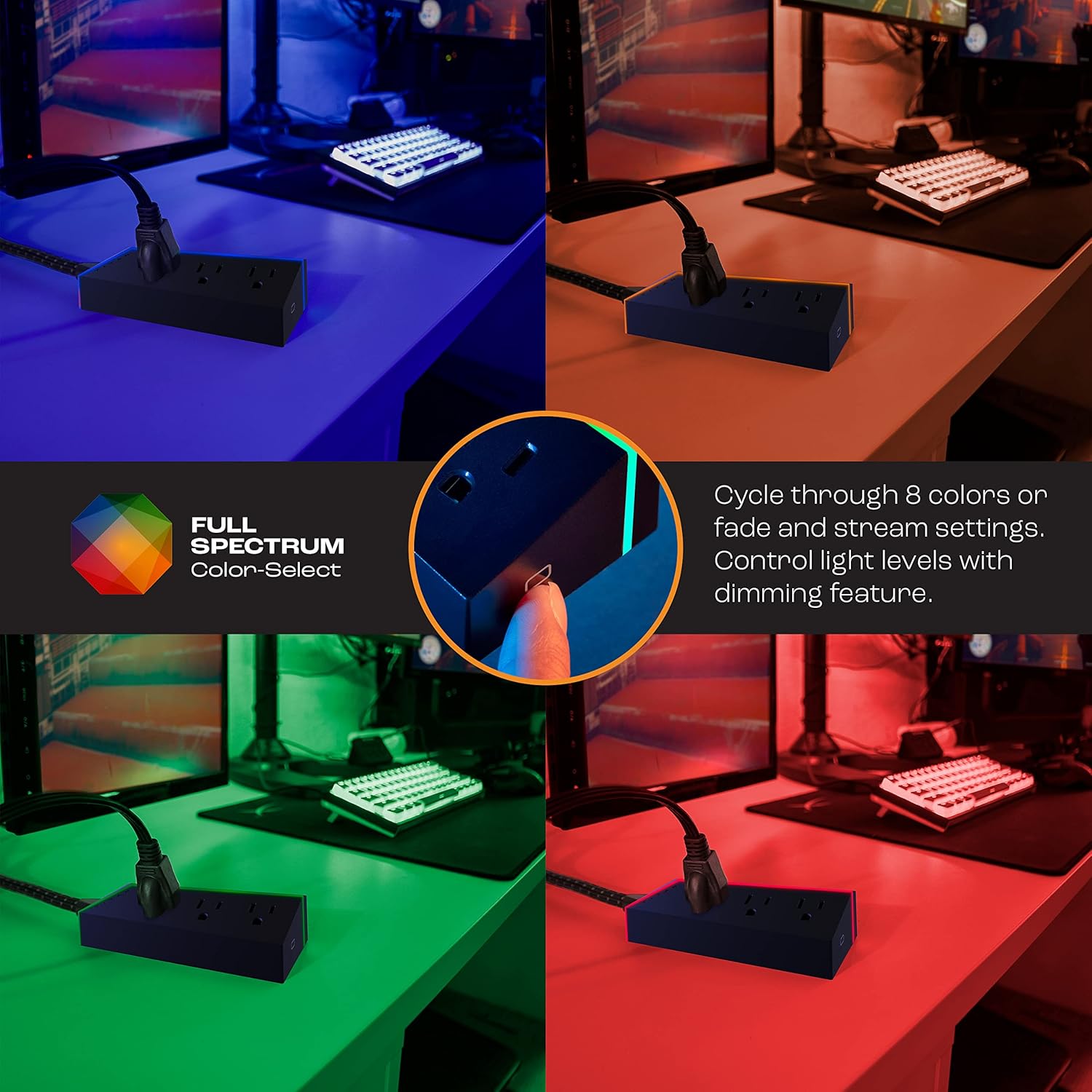 Titan 3-Outlet Extension Cord, Multicolor LED, 8ft. Braided Cord, Black