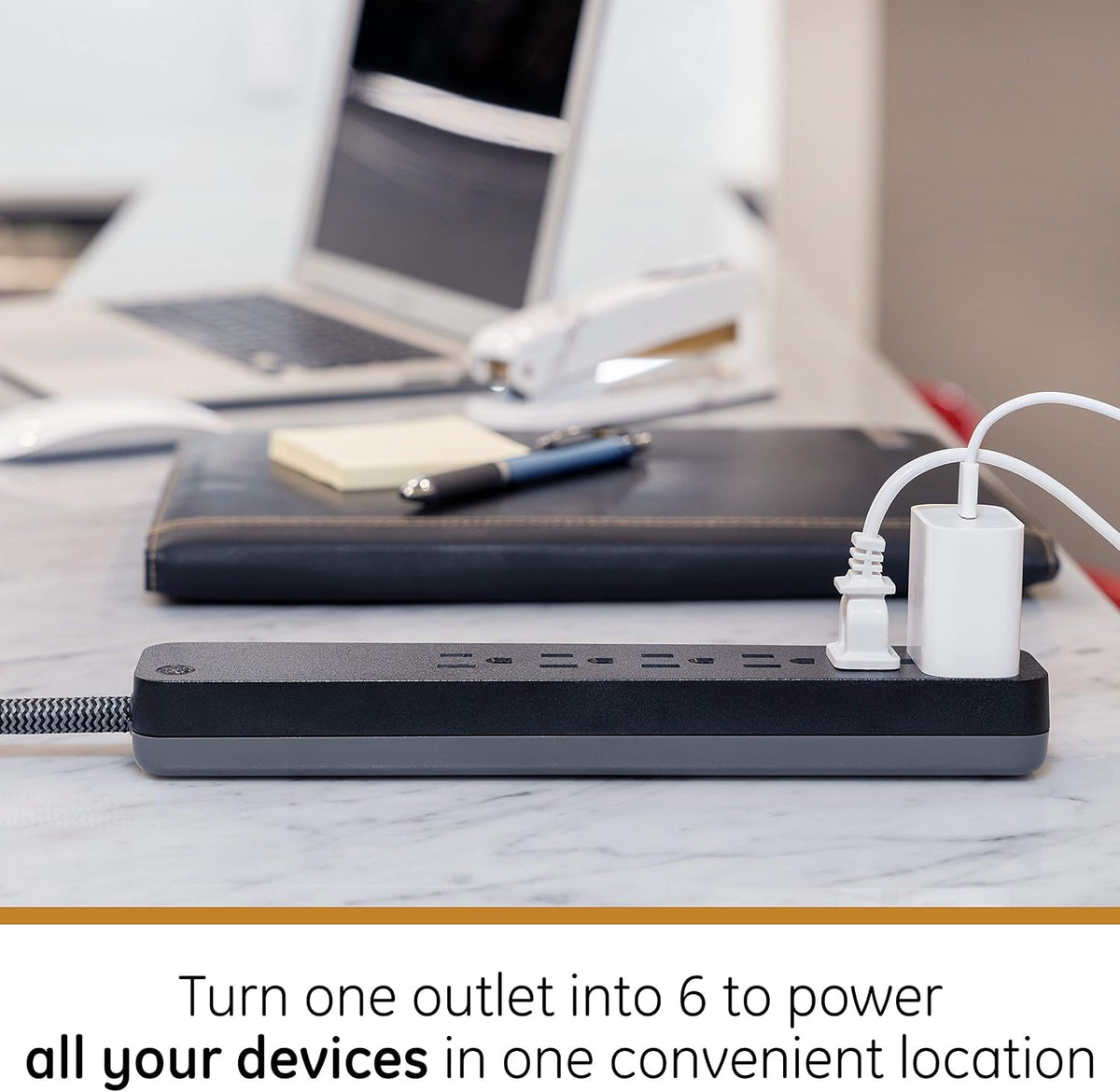 GE 6-Outlet Surge Protector Extension Cord, 2ft., braided cord, 620 Joules, Black
