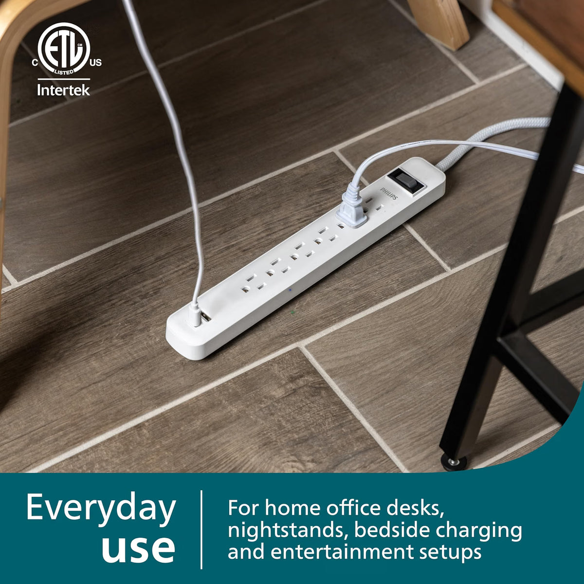Philips Surge Protector, 6OL, 1 USB-A, 1 USB-C, 12W, 945J, 3ft., White