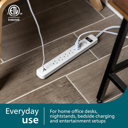 Philips Surge Protector, 6OL, 1 USB-A, 1 USB-C, 12W, 945J, 3ft., White