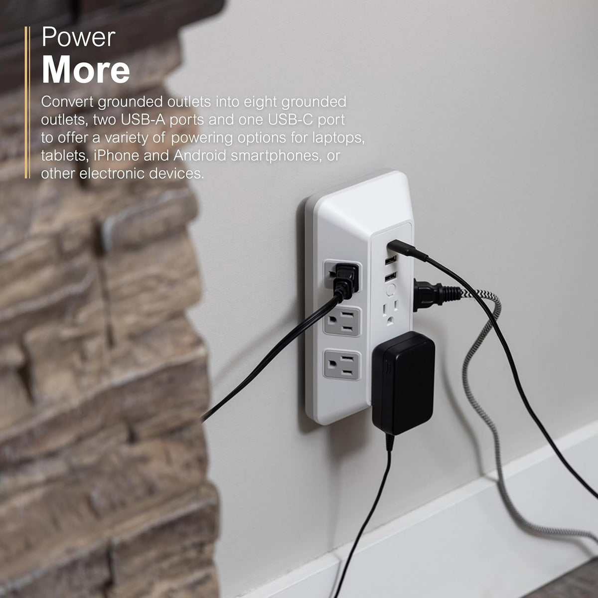 GE 8-Outlet Surge Protector with USB, Outlet Extender, 2 USB-A, 1 USB-C, White