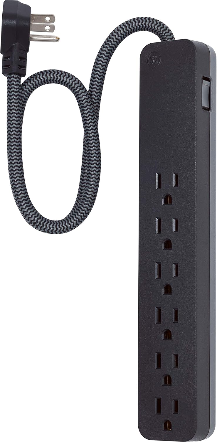 GE 6-Outlet Surge Protector Extension Cord, 2ft., braided cord, 620 Joules, Black