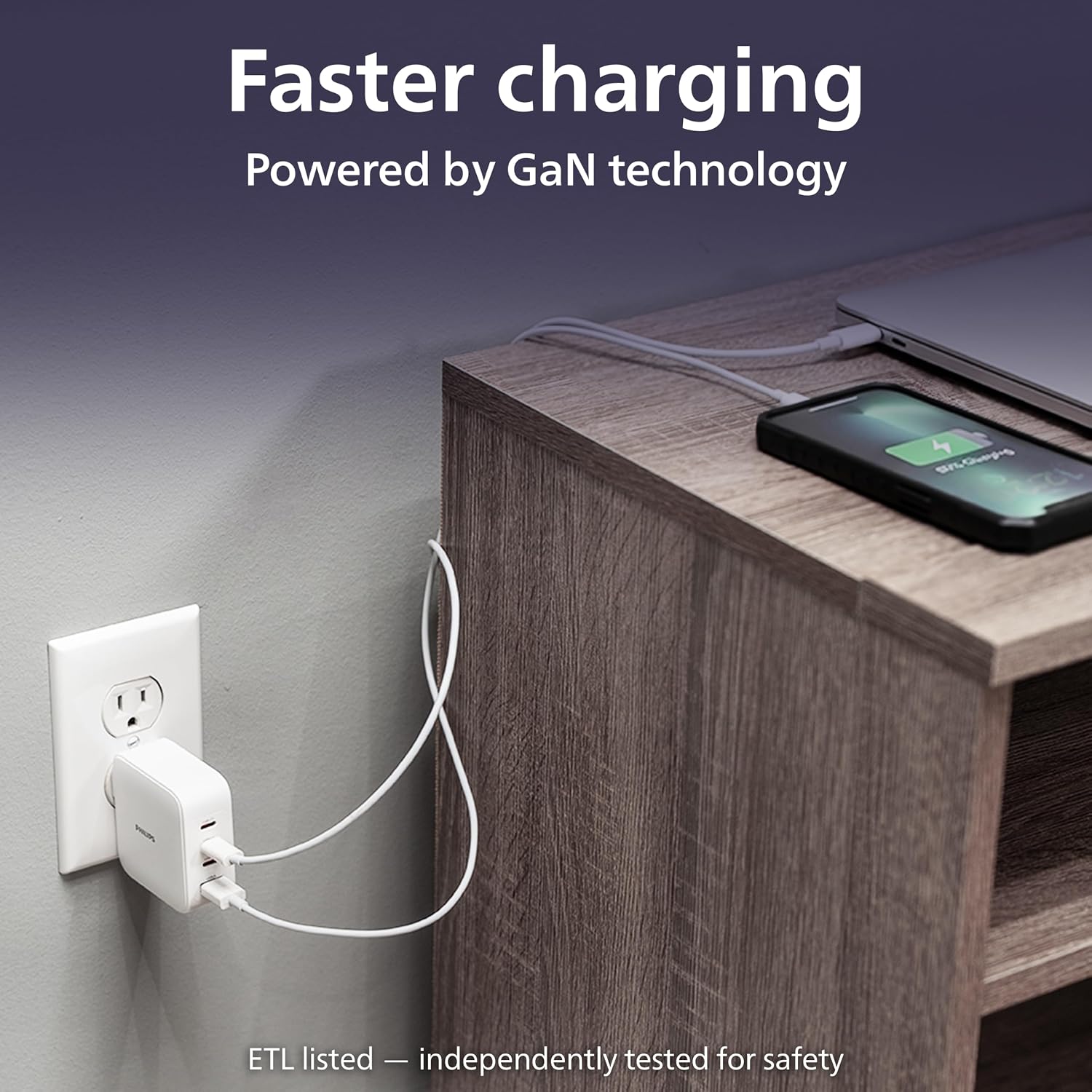 Philips AC Charger, 1 USB-A, 3 USB-C Port, GaN, 100W, White