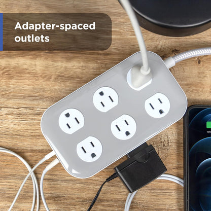 GE-branded Adapt UltraPro 12-Outlet Surge Protector, 2 USB-A, 1 USB-C, 2100 Joules, 6ft., White/Gray