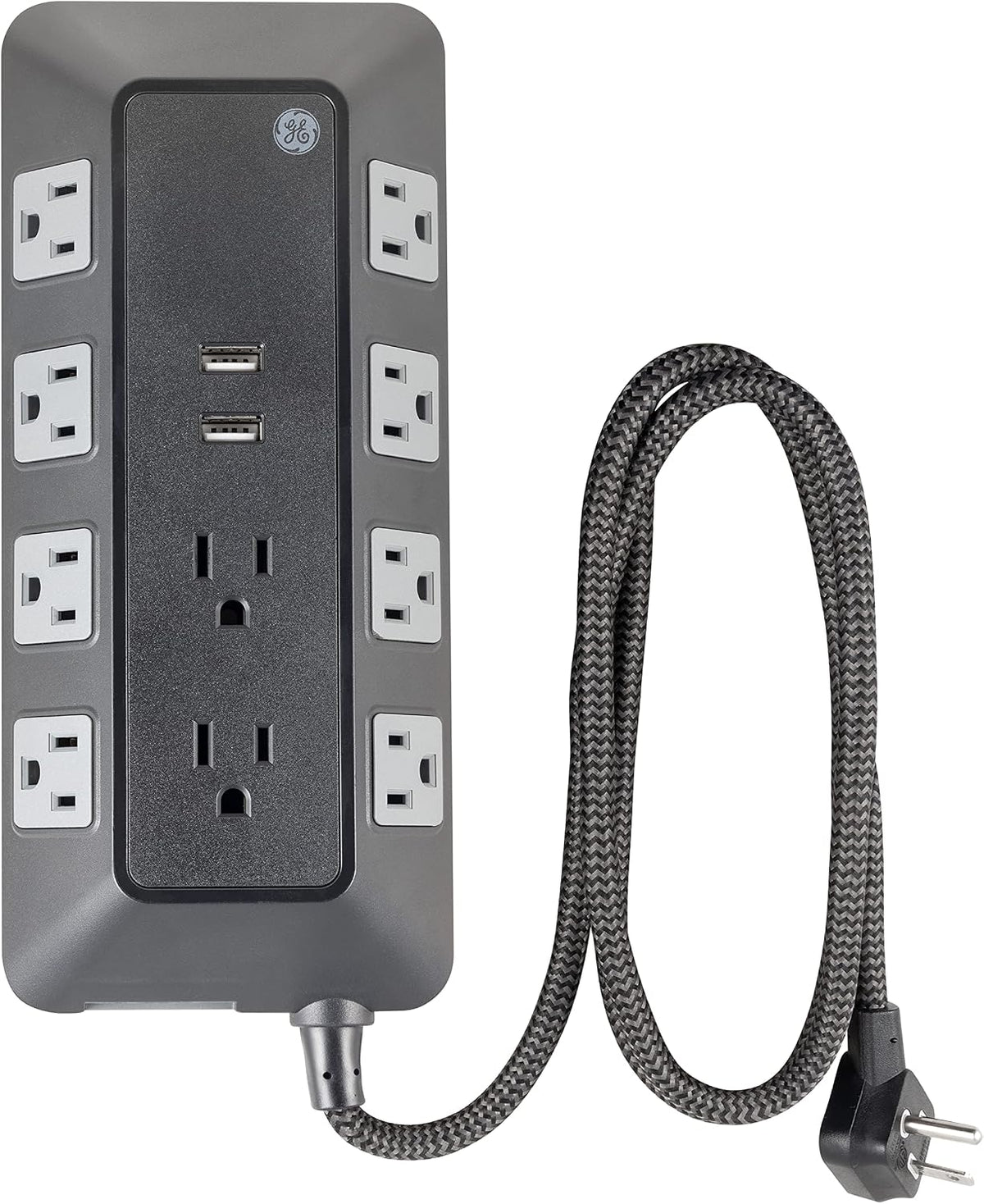 GE UltraPro 10-Outlet Surge Protector with USB, 3540J, 2 USB-A Ports, 2.4A, 12W, 4ft. Braided Cord, Black