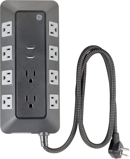GE UltraPro 10-Outlet Surge Protector with USB, 3540J, 2 USB-A Ports, 2.4A, 12W, 4ft. Braided Cord, Black