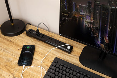GE 7-Outlet Surge Protector, 1440J, 2 USB-A, 4ft Cord