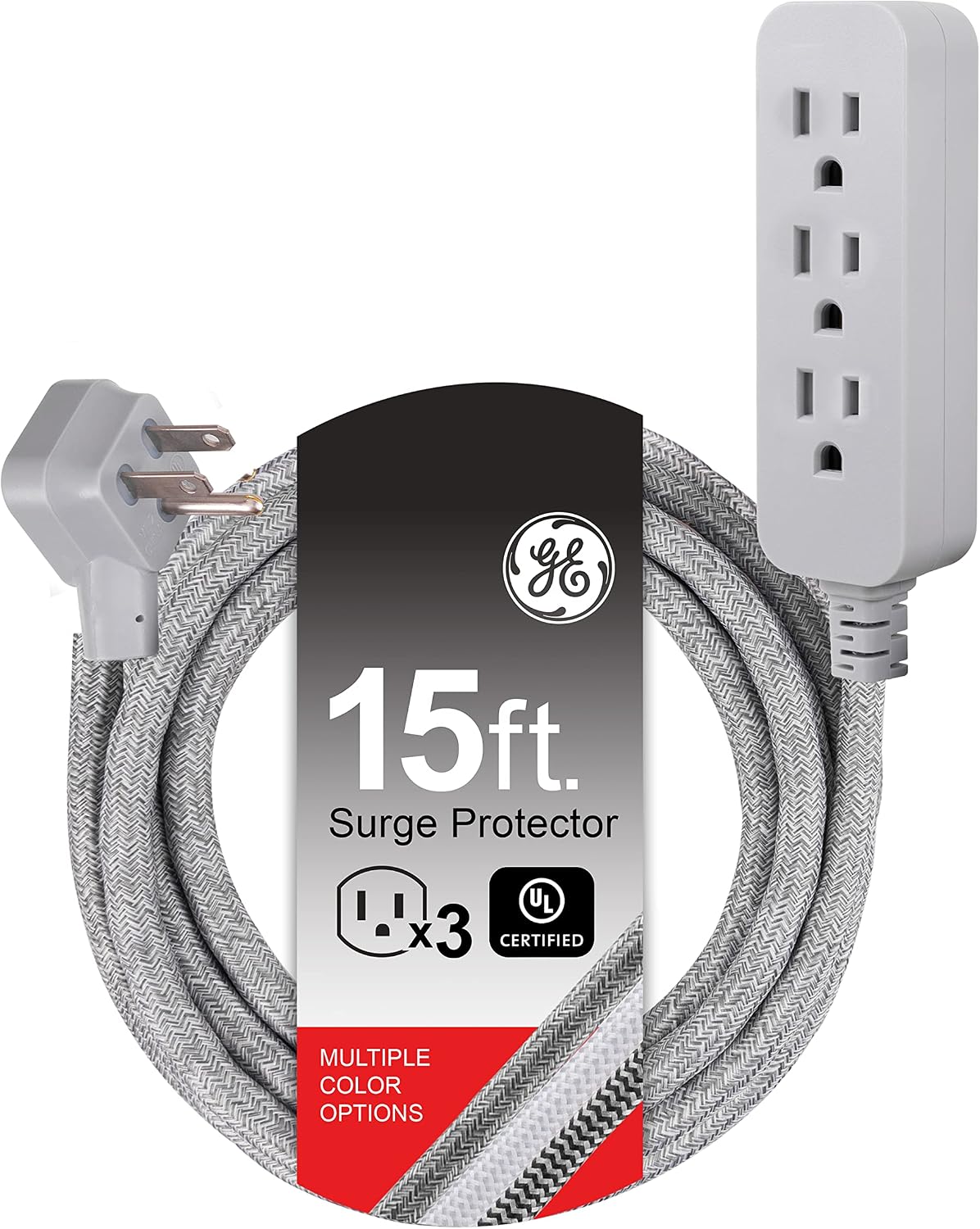 GE Pro 15ft. Extension Cord, Surge Protection, Braided Cord, Gray Heather