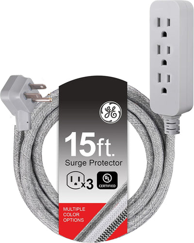 GE Pro 15ft. Extension Cord, Surge Protection, Braided Cord, Gray Heather