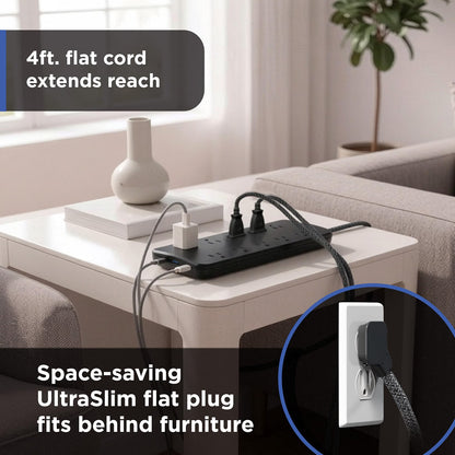 GE-branded 10OL Surge Protector, 1 USB-A, 2 USB-C, 20W Power Delivery Shared, 1000J, 4ft. Braided Cord, Black