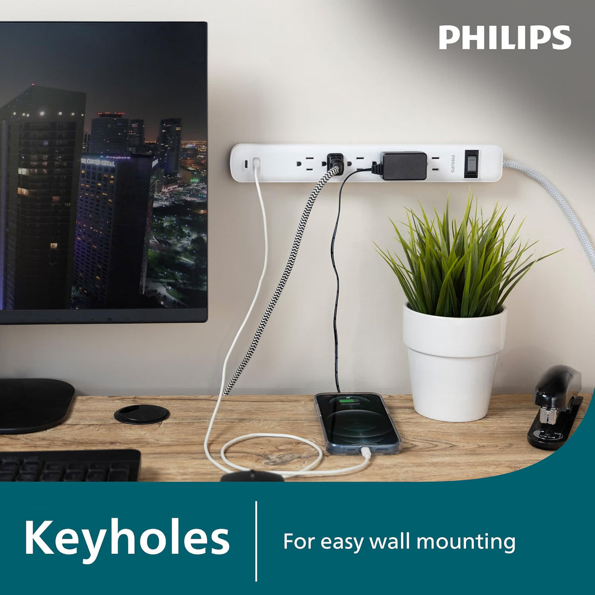 Philips Surge Protector, 6OL, 1 USB-A, 1 USB-C, 12W, 945J, 3ft., White