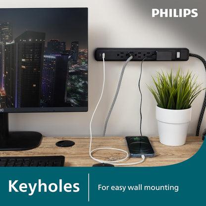 Philips Surge Protector, 6OL, 1 USB-A, 1 USB-C, 12W, 945J, 3ft., Black