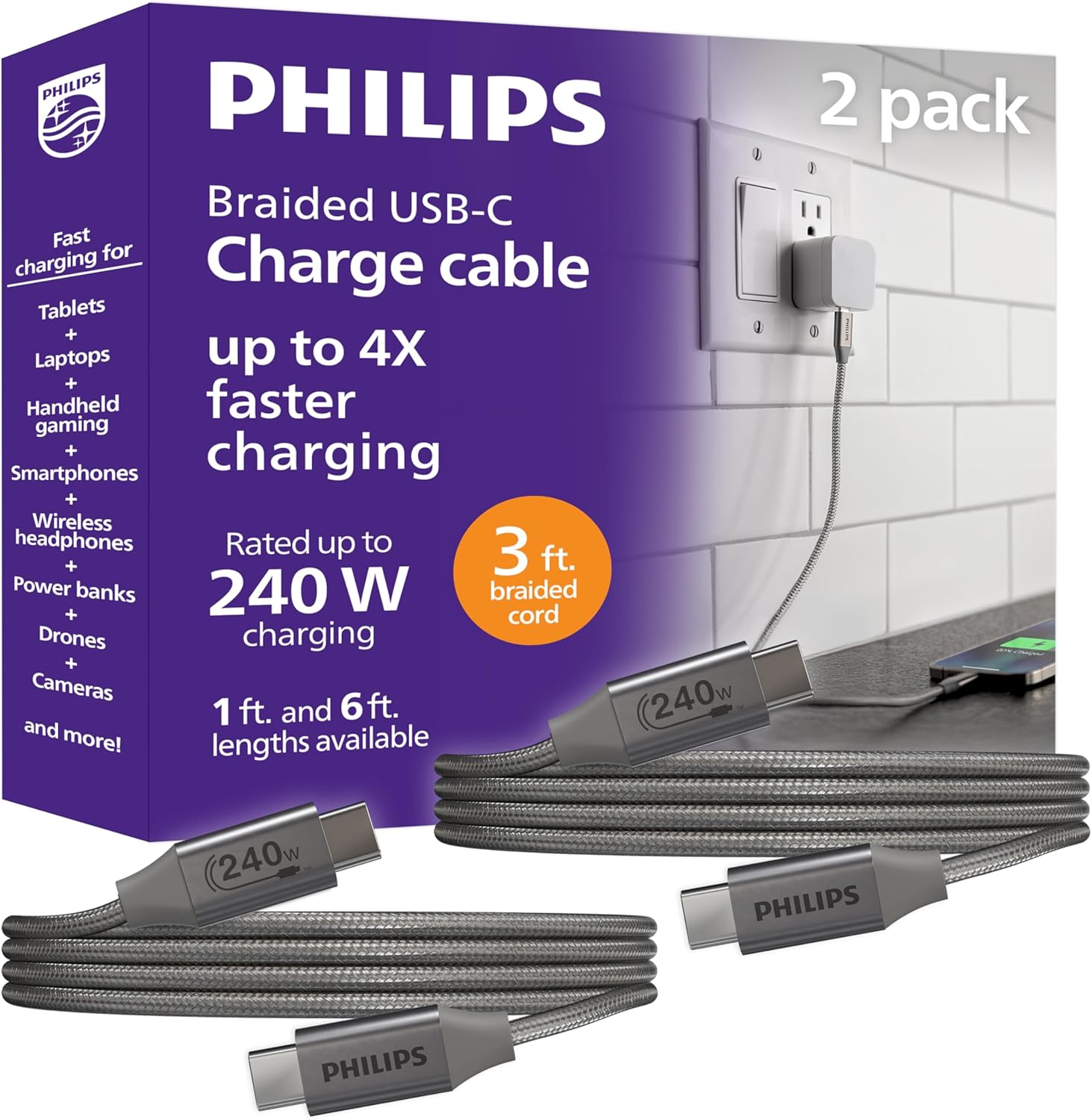 Philips USB-C to USB-C Cable, 240W, Braided Cord, 3ft, Black/Gray Heather, 2 pack