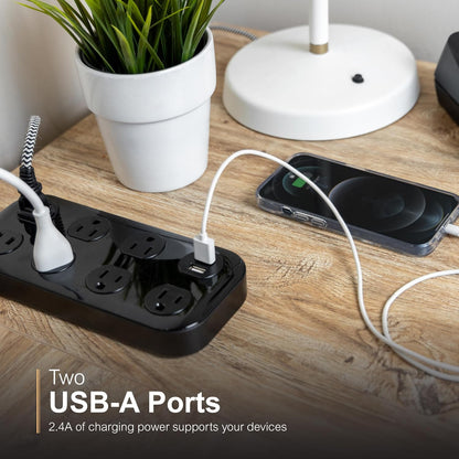 GE-branded UltraPro 7-Outlet Surge Protector, 2 USB-A, 1470 Joules, 4ft., Black