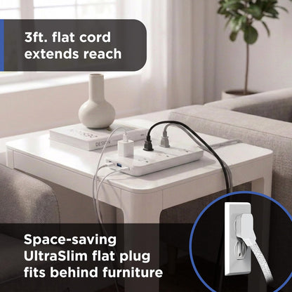 GE-branded 6OL Surge Protector, 1 USB-A, 2 USB-C, 500J, 3ft. Braided Cord, White