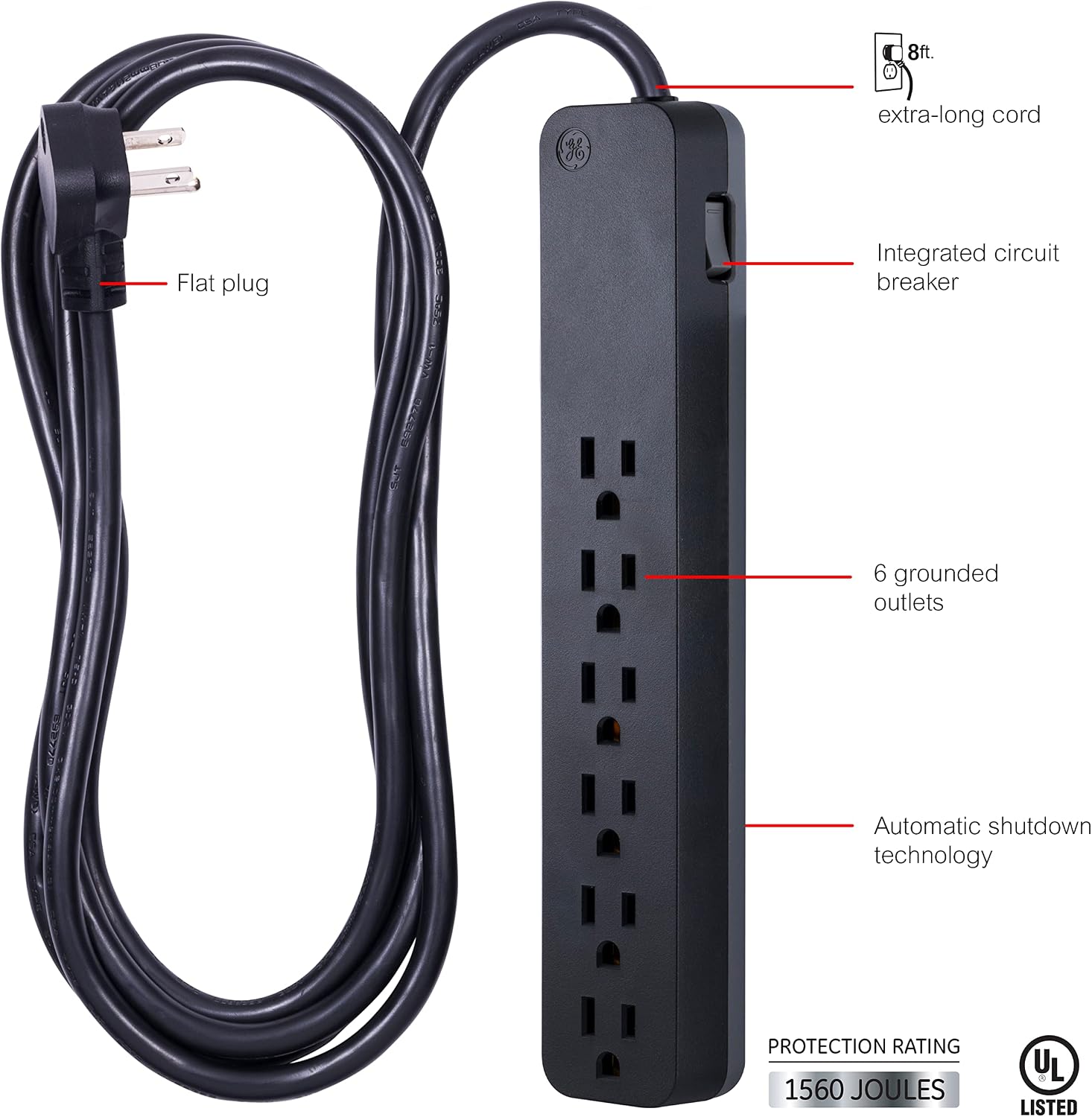 GE 6-Outlet Surge Protector, 1500J, 8ft. Black