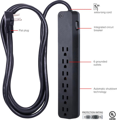 GE 6-Outlet Surge Protector, 1500J, 8ft. Black