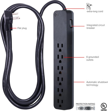 GE 6-Outlet Surge Protector, 1500J, 8ft. Black