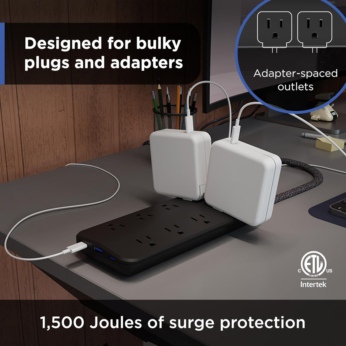 GE-branded 8-Outlet UltraSlim Surge Protector, 1 USB-A, 2 USB-C 15W, 1500J, 4ft. Braided Cord, Black