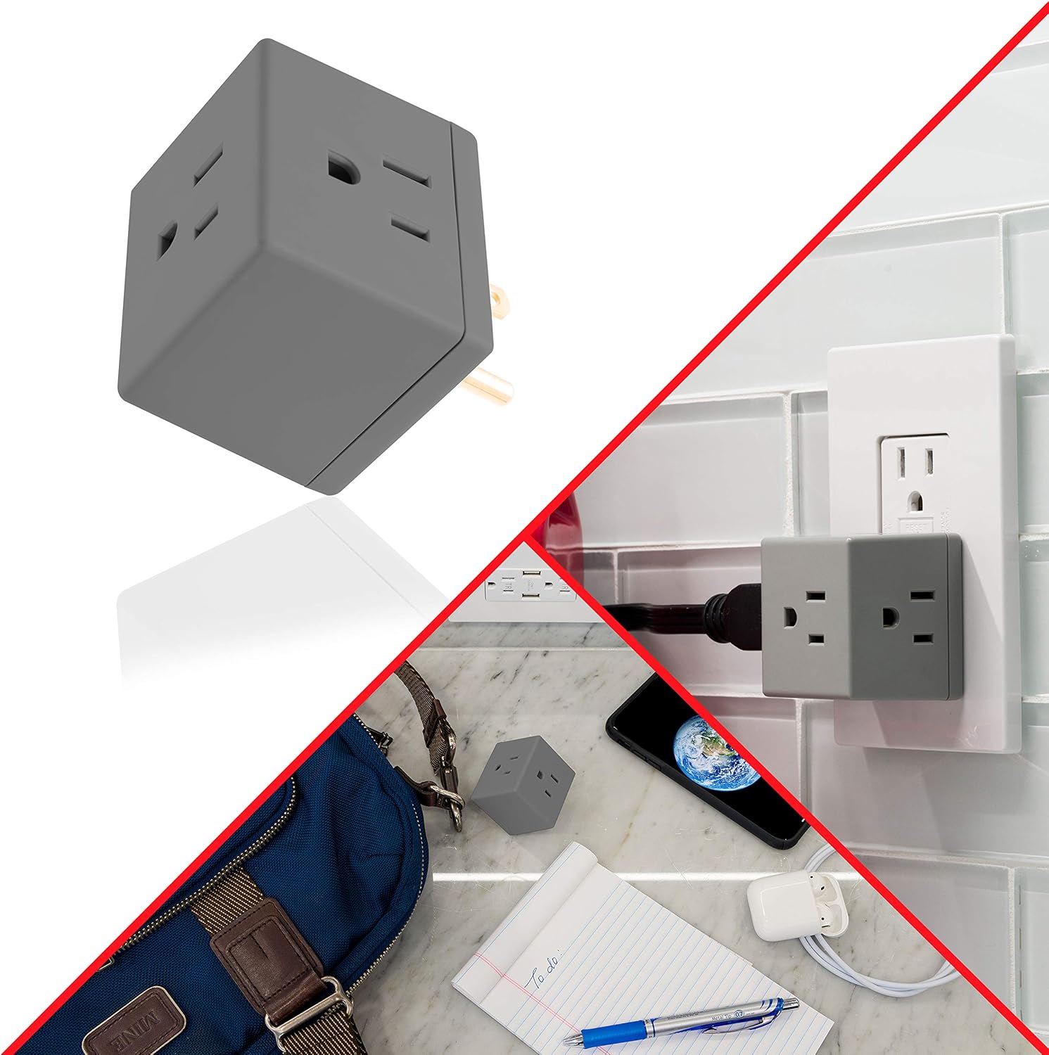 GE Grounded 3-Outlet Tap, Easy Access, Gray, 3pk
