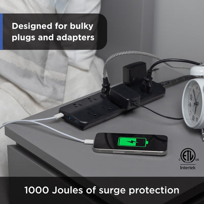 GE-branded 10OL Surge Protector, 1 USB-A, 2 USB-C, 20W Power Delivery Shared, 1000J, 4ft. Braided Cord, Black