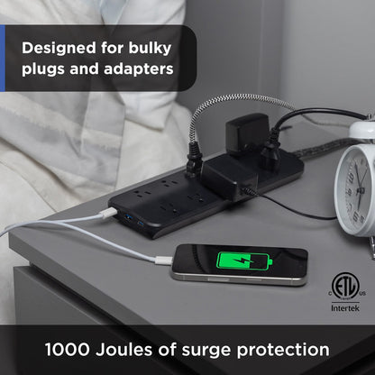 GE-branded 10OL Surge Protector, 1 USB-A, 2 USB-C, 20W Power Delivery Shared, 1000J, 4ft. Braided Cord, Black