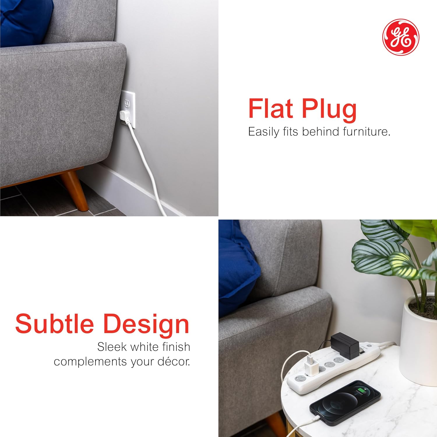 GE 6-Outlet Surge Protector Extension Cord, 10ft., 2pk