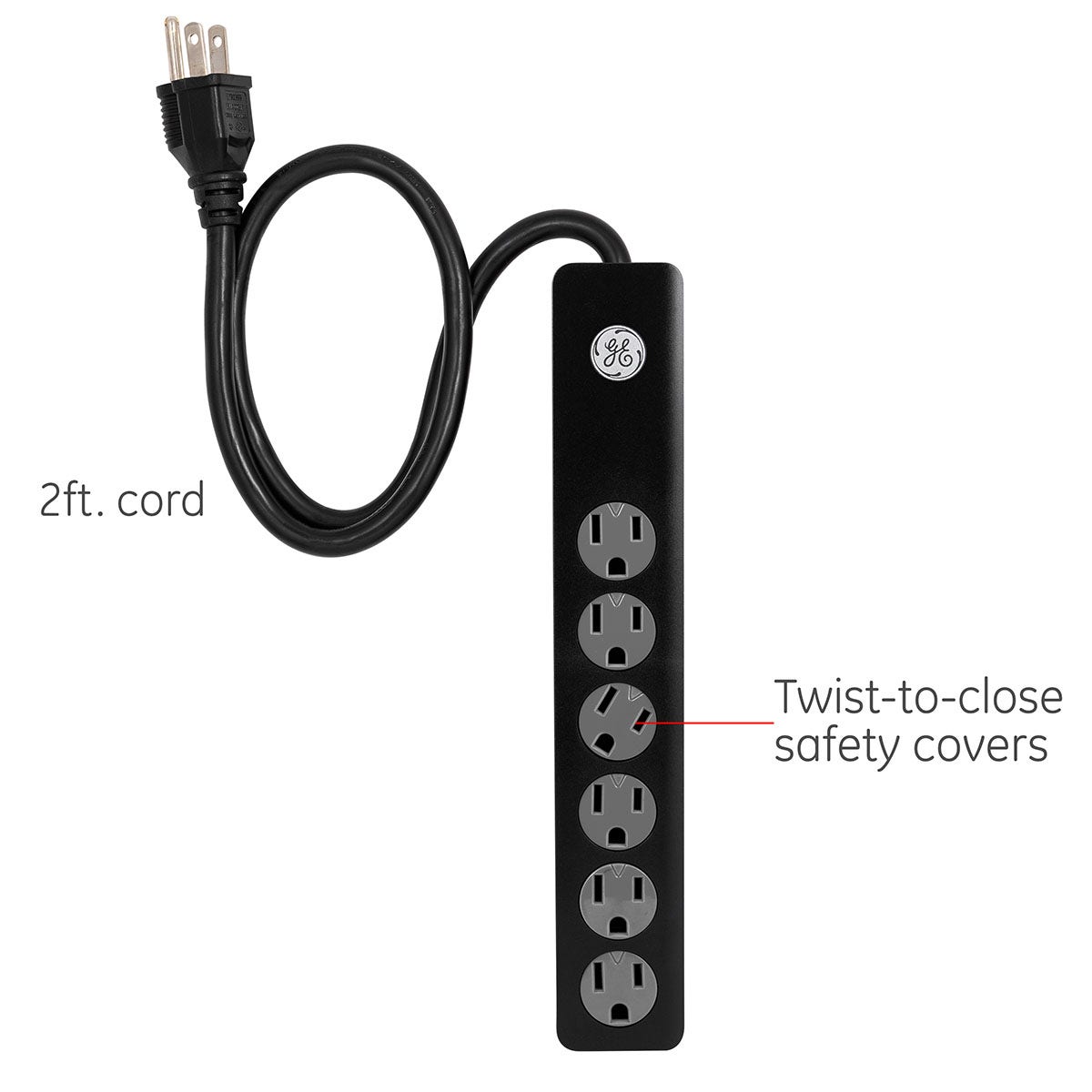 GE 6-Outlet 2ft. Surge Protector With Twist-To-Close Safety Covers, Black