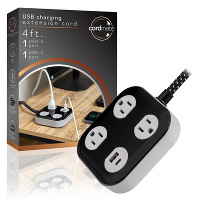 Cordinate ADAPT Surge Protector, 3-Outlet, 1 USB-A, 1 USB-C, 4ft., Black/Gray