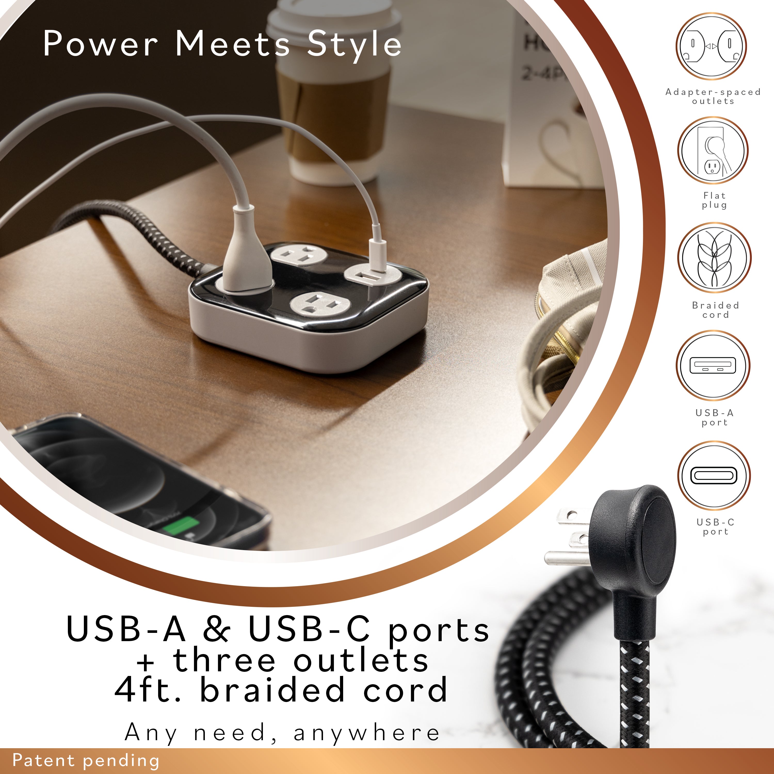 Cordinate ADAPT Surge Protector, 3-Outlet, 1 USB-A, 1 USB-C, 4ft., Black/Gray