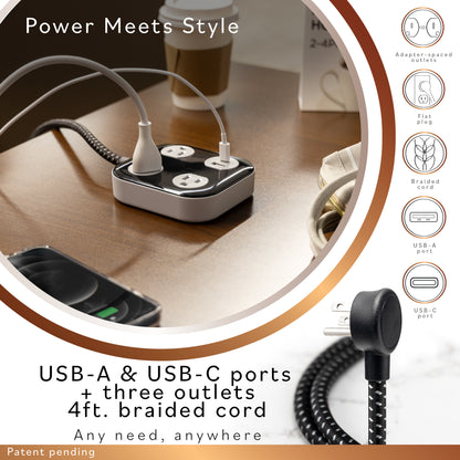 Cordinate ADAPT Surge Protector, 3-Outlet, 1 USB-A, 1 USB-C, 4ft., Black/Gray