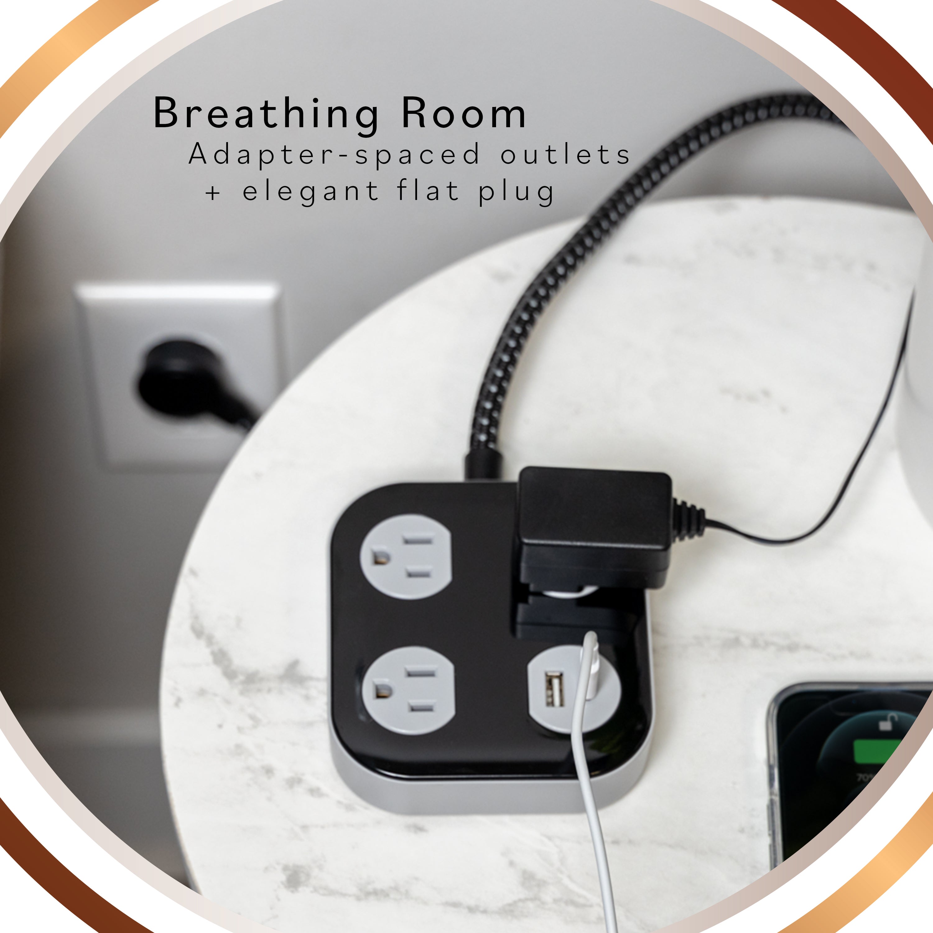 Cordinate ADAPT Surge Protector, 3-Outlet, 1 USB-A, 1 USB-C, 4ft., Black/Gray