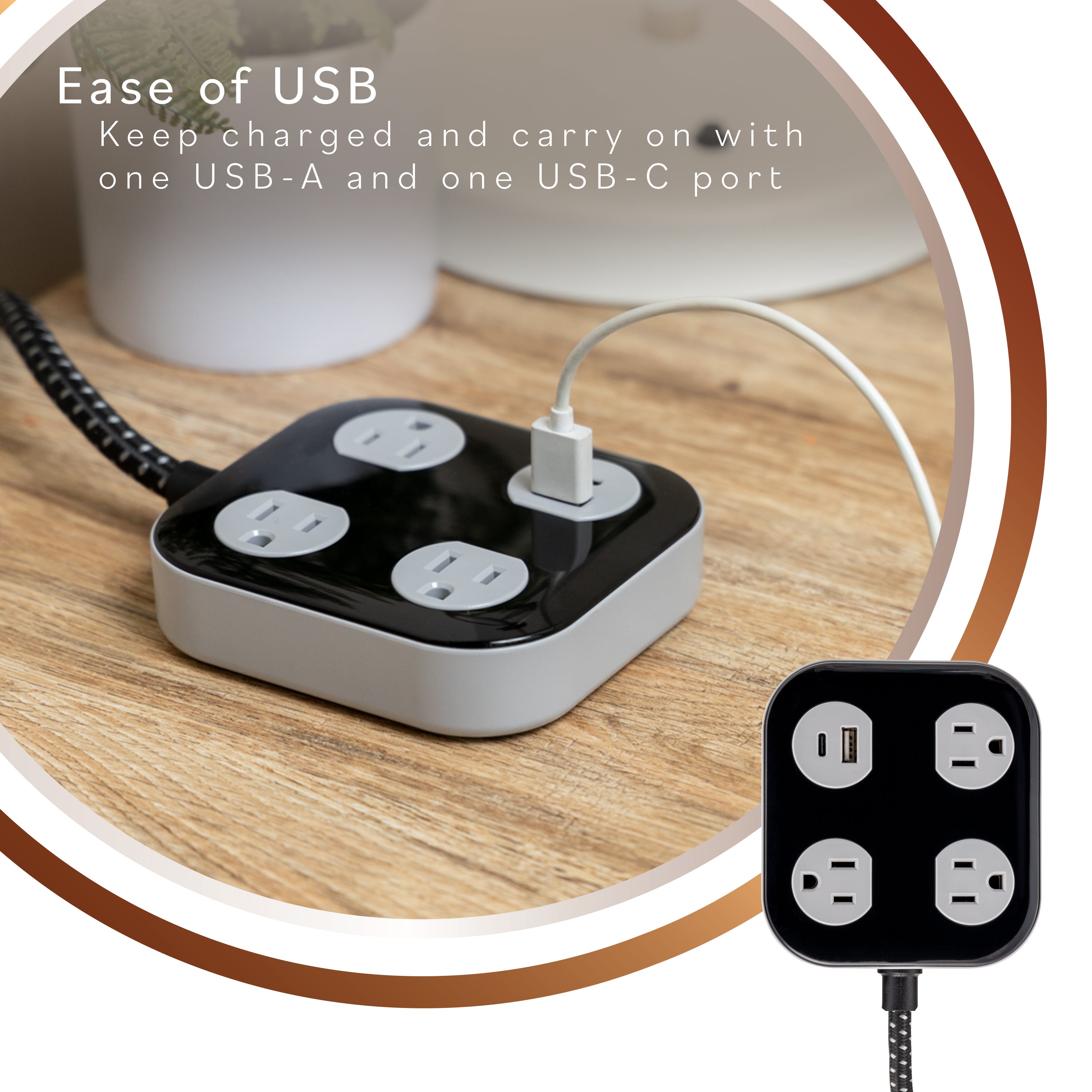 Cordinate ADAPT Surge Protector, 3-Outlet, 1 USB-A, 1 USB-C, 4ft., Black/Gray