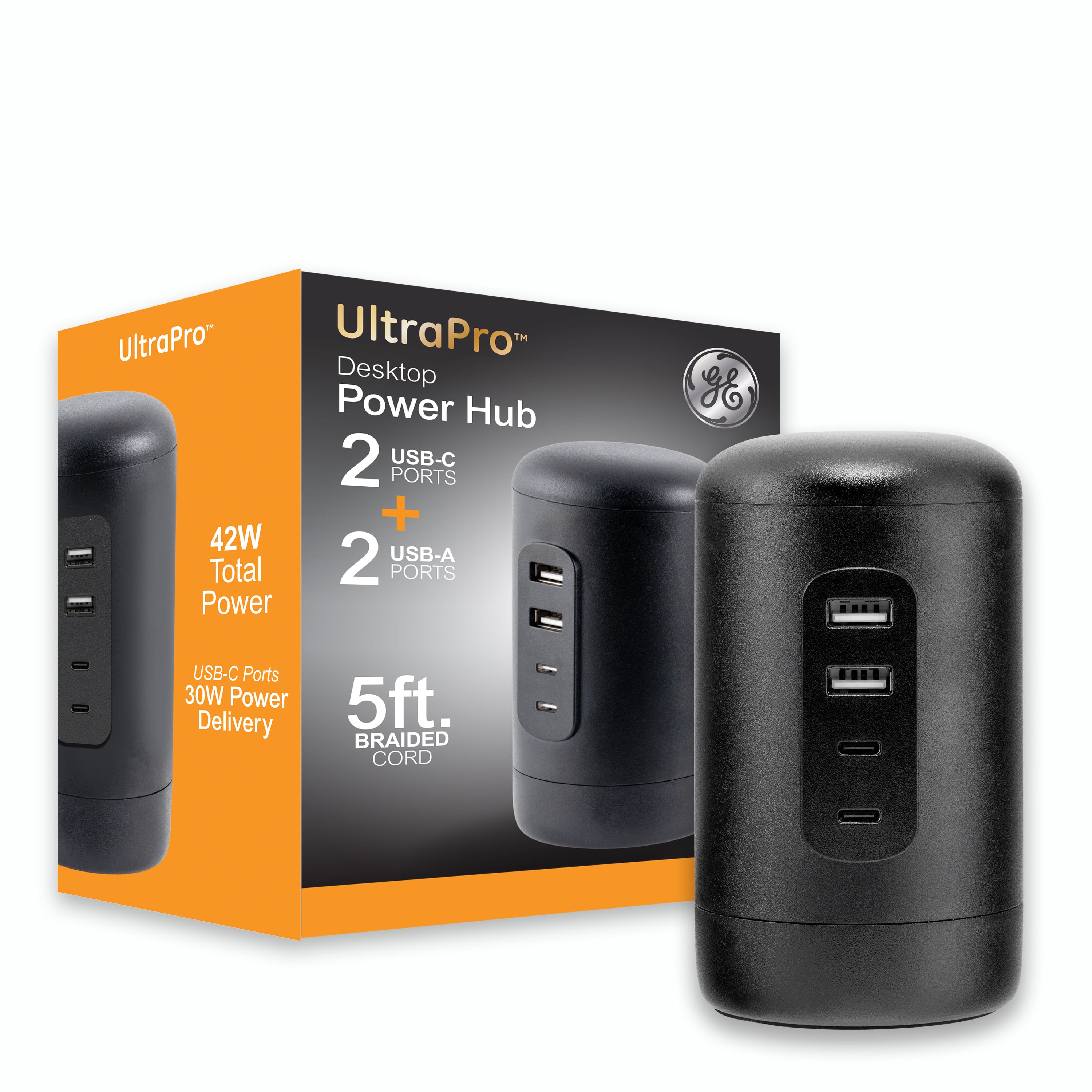 GE Desktop Power Hub, 2 USB-A, 2 USB-C, 5ft. Cord, Black