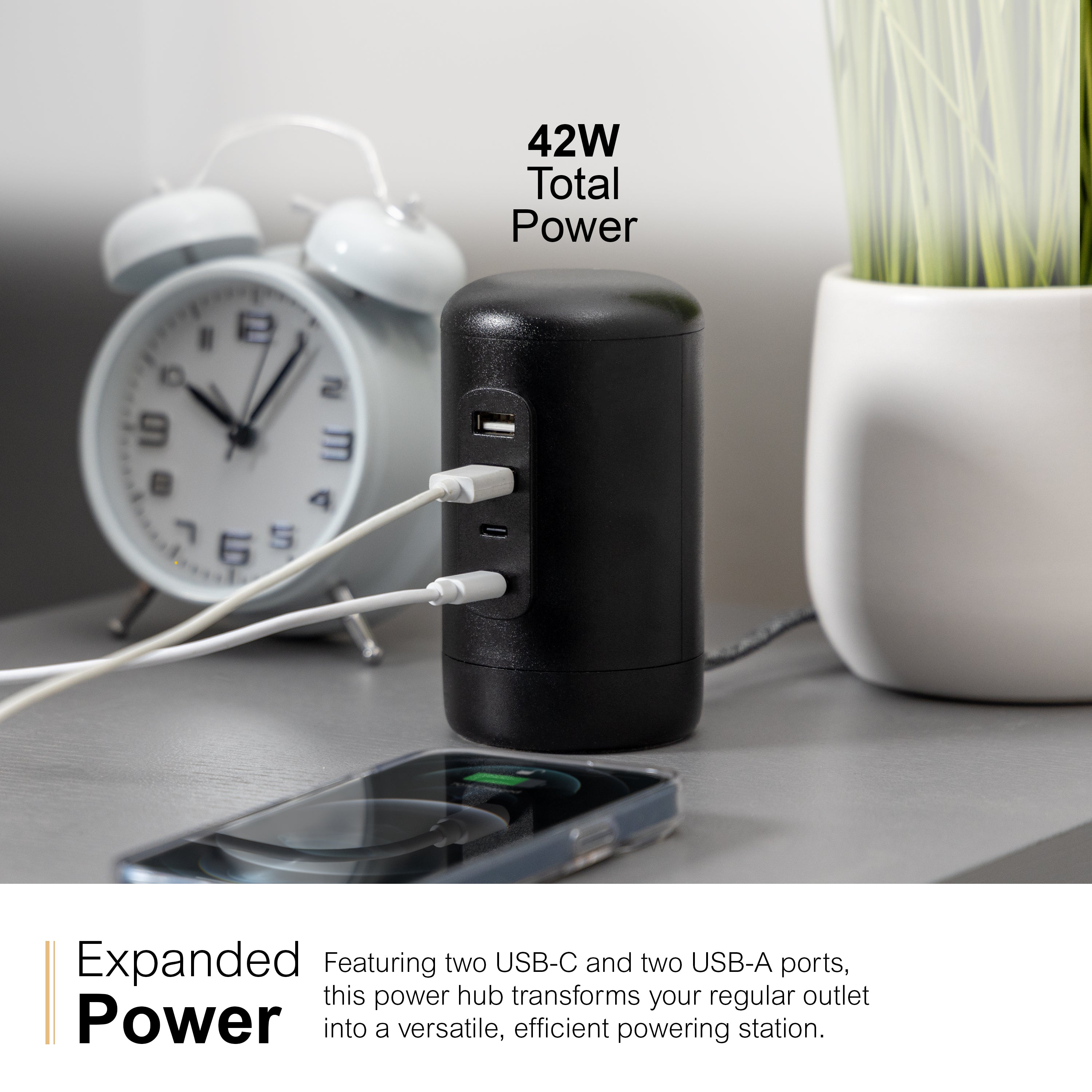 GE Desktop Power Hub, 2 USB-A, 2 USB-C, 5ft. Cord, Black