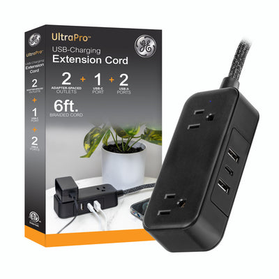 GE-branded Extension Cord with USB Charging 2 USB-A, 1 USB-C, 2 outlets, 6ft. Braided Cord, Black/Gray
