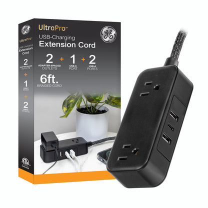 GE-branded Extension Cord with USB Charging 2 USB-A, 1 USB-C, 2 outlets, 6ft. Braided Cord, Black/Gray