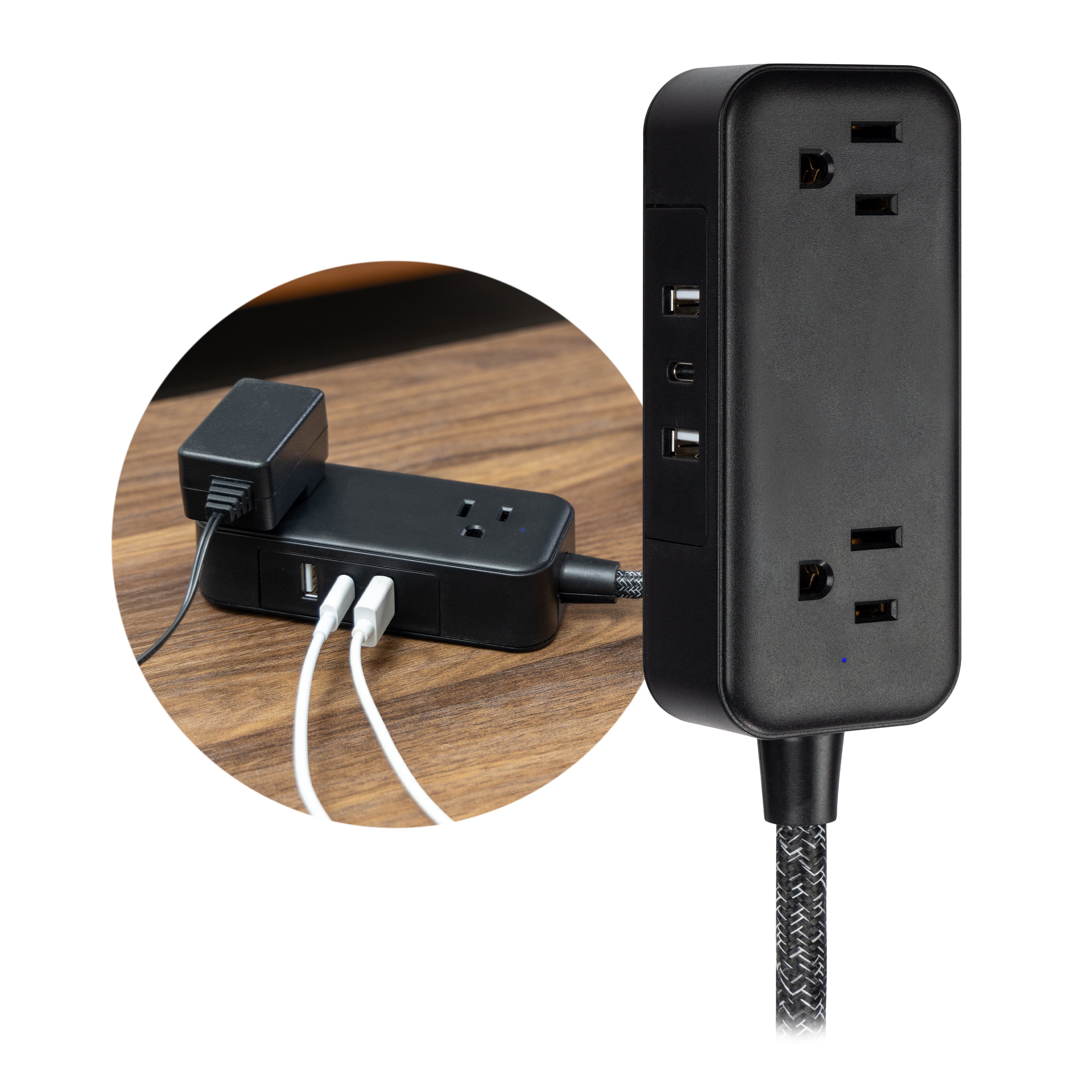 GE-branded Extension Cord with USB Charging 2 USB-A, 1 USB-C, 2 outlets, 6ft. Braided Cord, Black/Gray