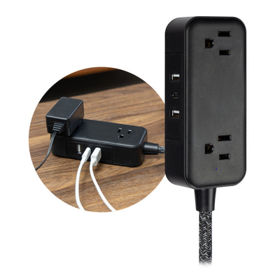 GE-branded Extension Cord with USB Charging 2 USB-A, 1 USB-C, 2 outlets, 6ft. Braided Cord, Black/Gray