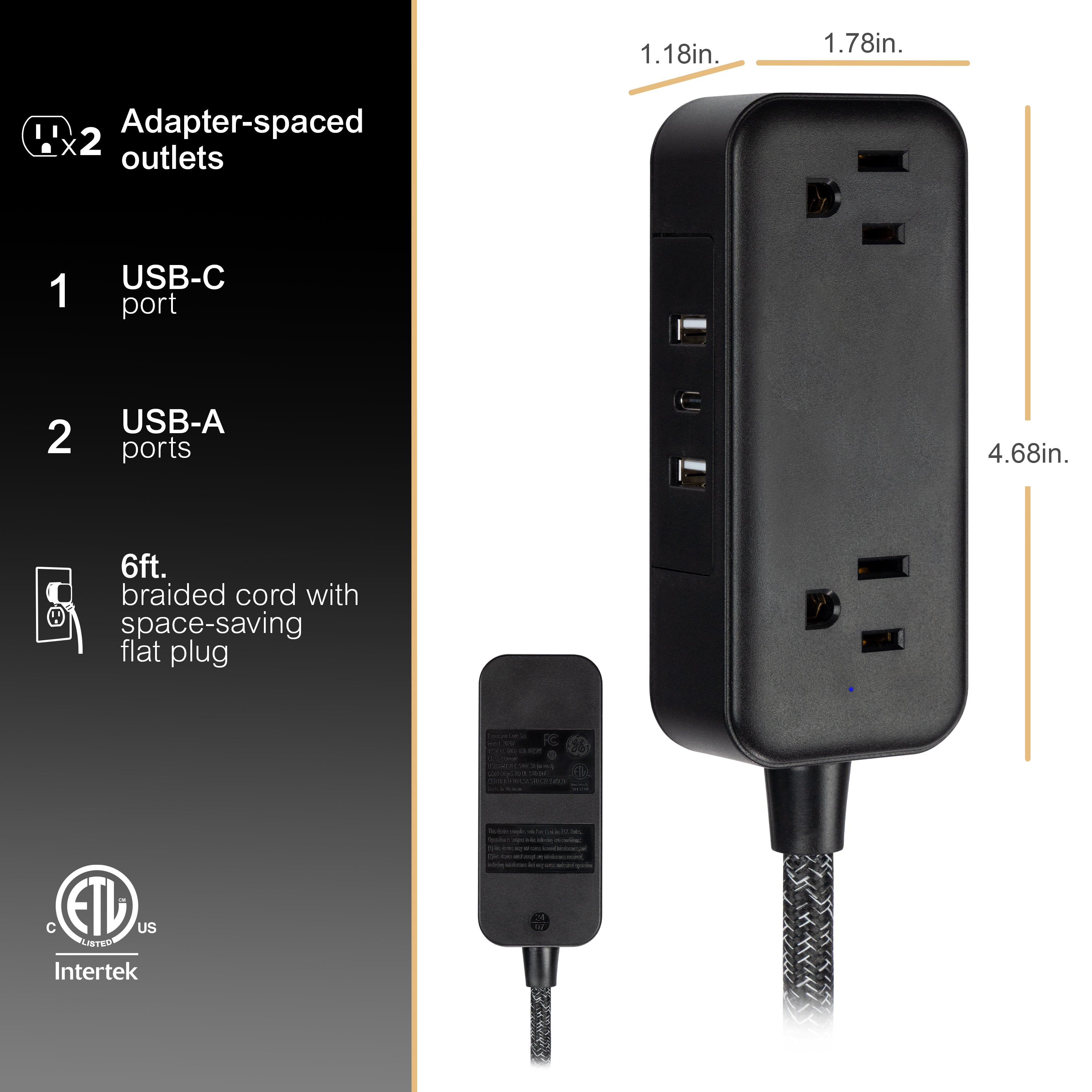 GE-branded Extension Cord with USB Charging 2 USB-A, 1 USB-C, 2 outlets, 6ft. Braided Cord, Black/Gray