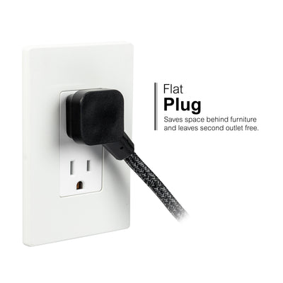 GE-branded Extension Cord with USB Charging 2 USB-A, 1 USB-C, 2 outlets, 6ft. Braided Cord, Black/Gray