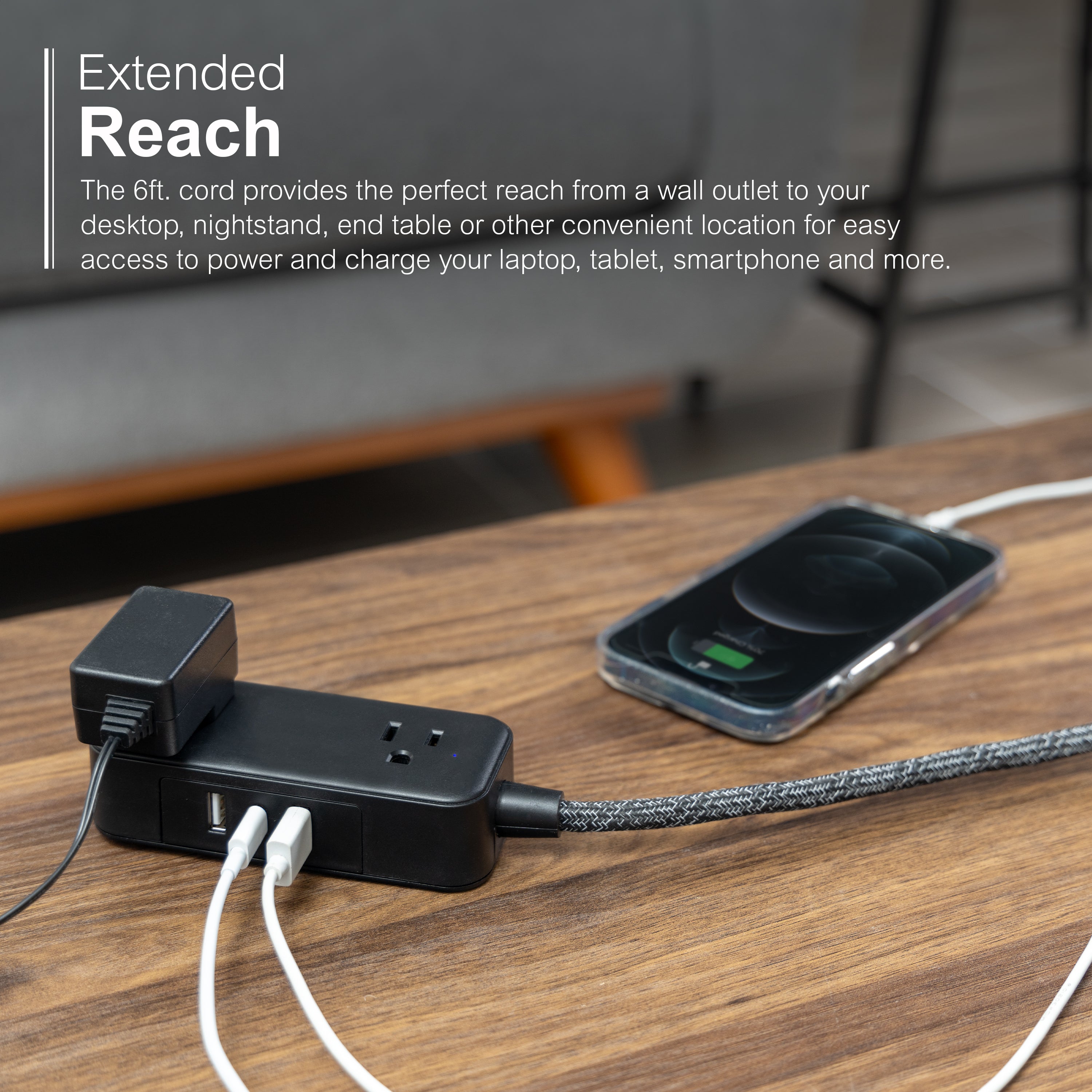 GE-branded Extension Cord with USB Charging 2 USB-A, 1 USB-C, 2 outlets, 6ft. Braided Cord, Black/Gray