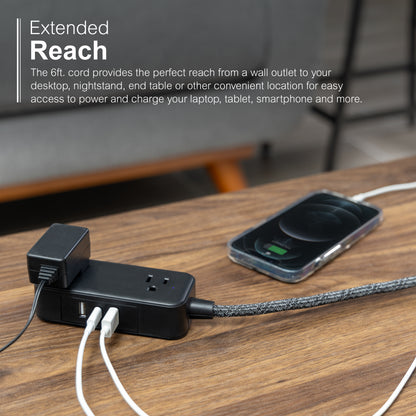 GE-branded Extension Cord with USB Charging 2 USB-A, 1 USB-C, 2 outlets, 6ft. Braided Cord, Black/Gray