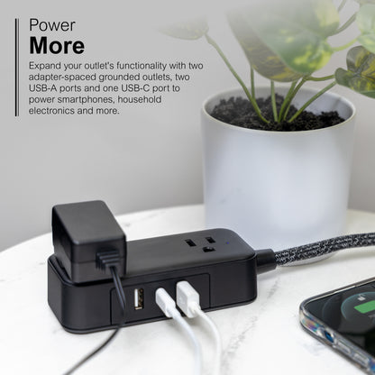 GE-branded Extension Cord with USB Charging 2 USB-A, 1 USB-C, 2 outlets, 6ft. Braided Cord, Black/Gray