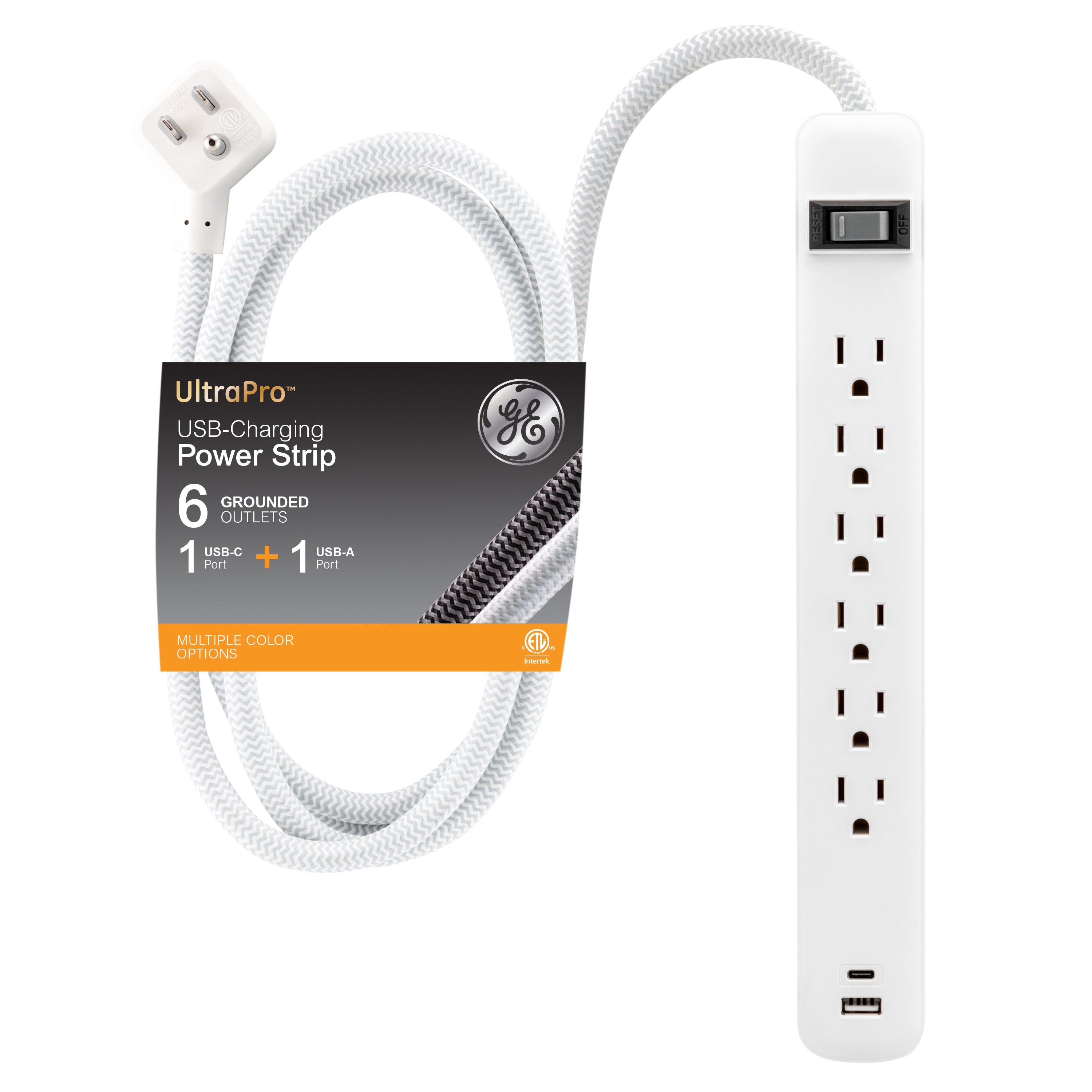 GE 6-Outlet Power Strip with USB, 1 USB-A & 1 USB-C, Flat Plug, White