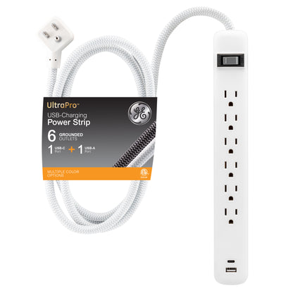 GE 6-Outlet Power Strip with USB, 1 USB-A & 1 USB-C, Flat Plug, White