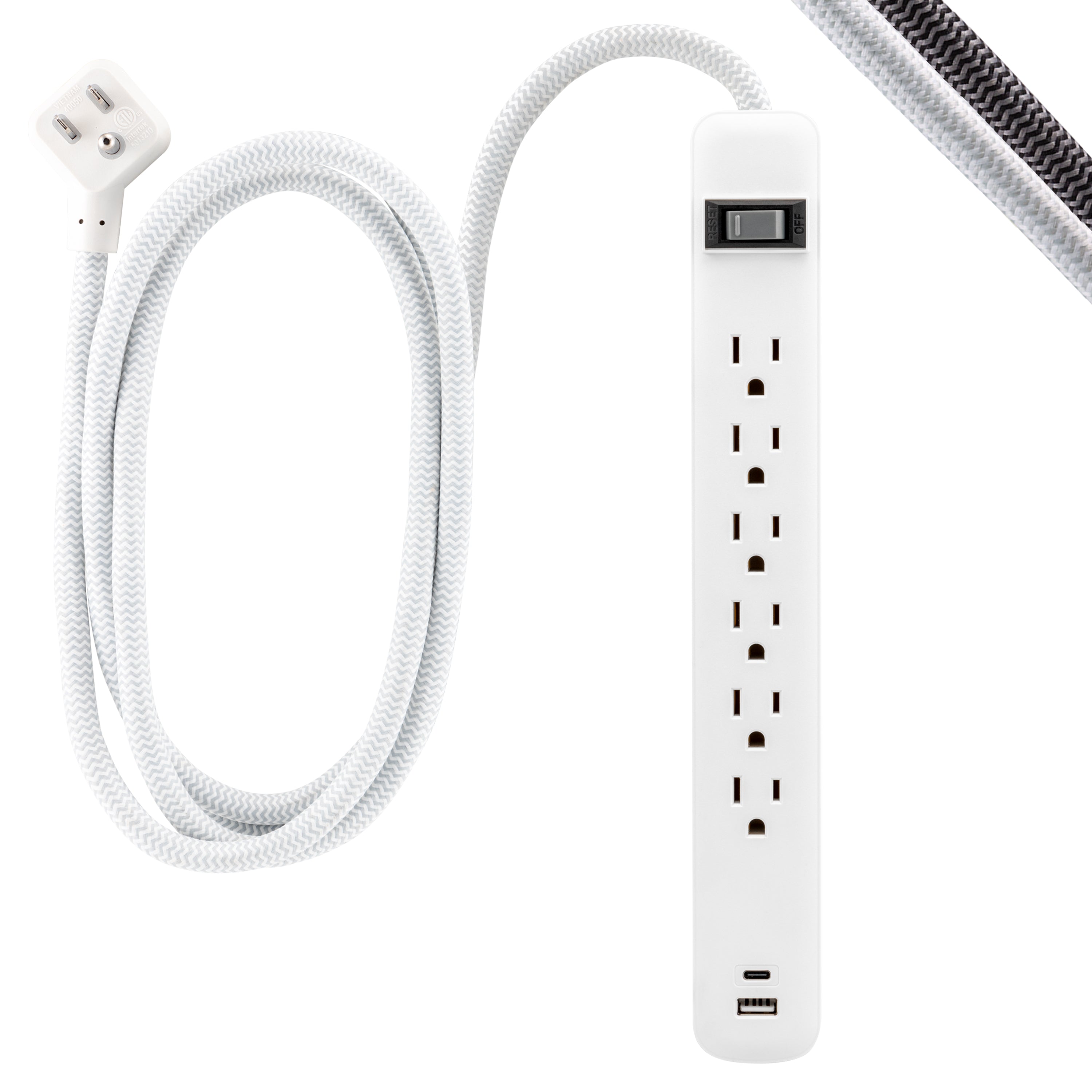 GE 6-Outlet Power Strip with USB, 1 USB-A & 1 USB-C, Flat Plug, White