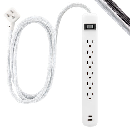 GE 6-Outlet Power Strip with USB, 1 USB-A & 1 USB-C, Flat Plug, White
