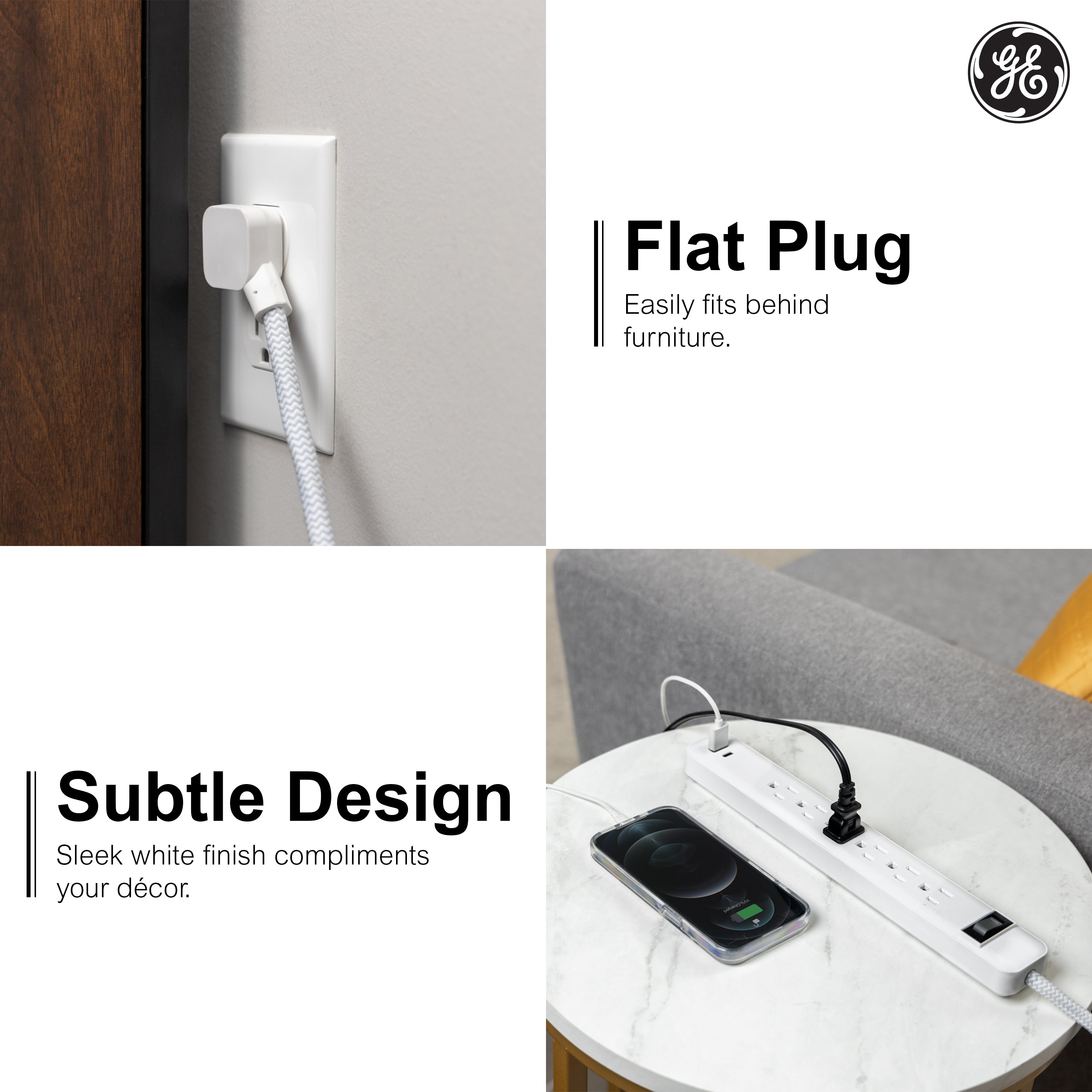 GE 6-Outlet Power Strip with USB, 1 USB-A & 1 USB-C, Flat Plug, White