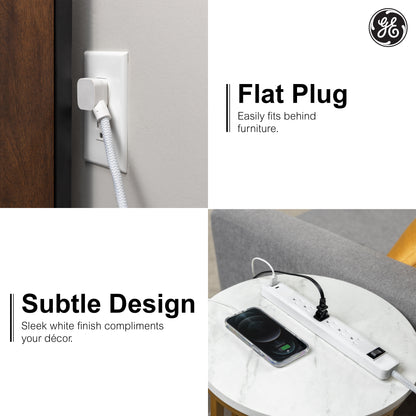 GE 6-Outlet Power Strip with USB, 1 USB-A & 1 USB-C, Flat Plug, White